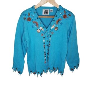 Storybook knit Cardigan sweater Beaded teal blue large Cottagecore 257 Coastal